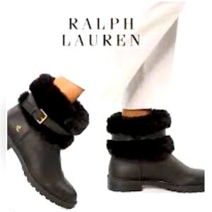 NWOB Lauren Ralph Lauren Evanston boots black leather Blend and faux fur pull on